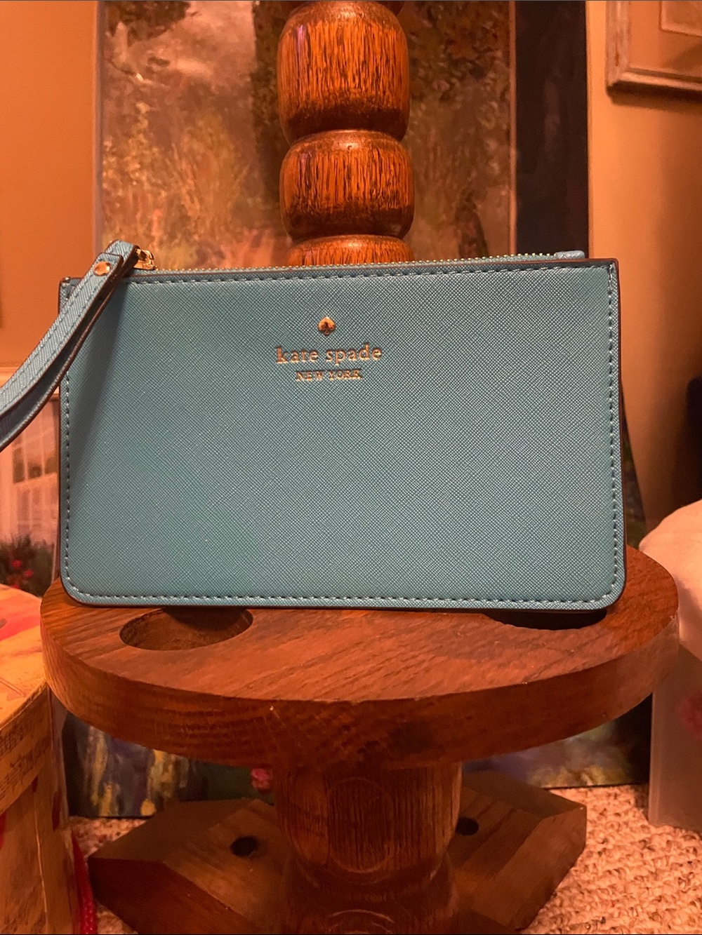 Kate Spade Blue Zip Wristlet with Gold Logo